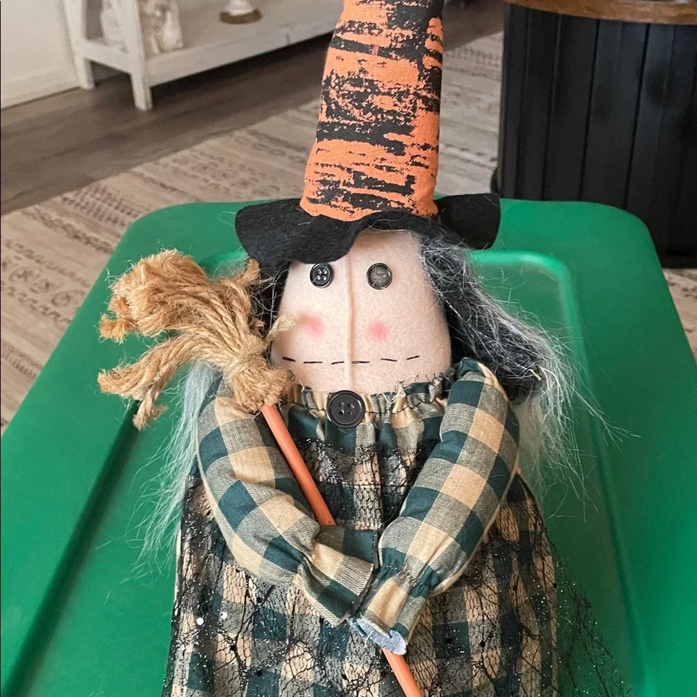 Primitive Shelf SitterSpooky Witch, Plaid Doll with Orange Hat, 26”